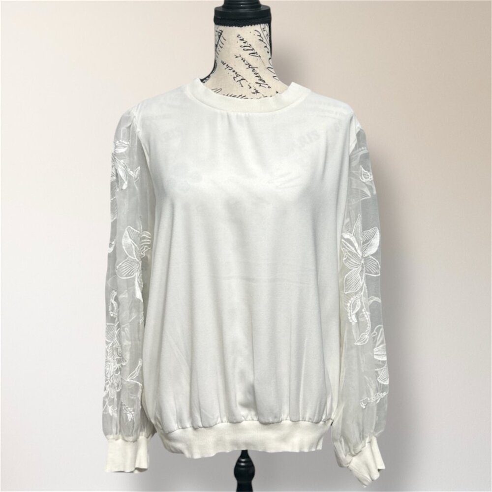 Express‎ XL Ivory Floral Sheer Embroidered Sleeve Boho Cottagecore Blouse